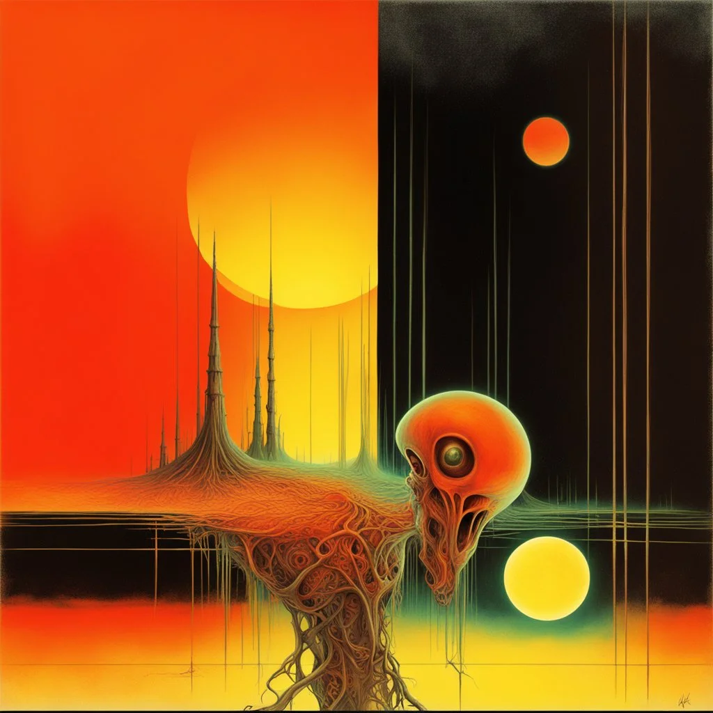 Neon hallucinary nyctophobic alien anatomy, abstract surreal horror, by Zdzislaw Beksinski and Graham Sutherland and tomasz Setowski, futuristic acid wash mind-bending illustration, dark shine burn, anatomical schematic cutaway guided by N(t)=N0​⋅e−kt,