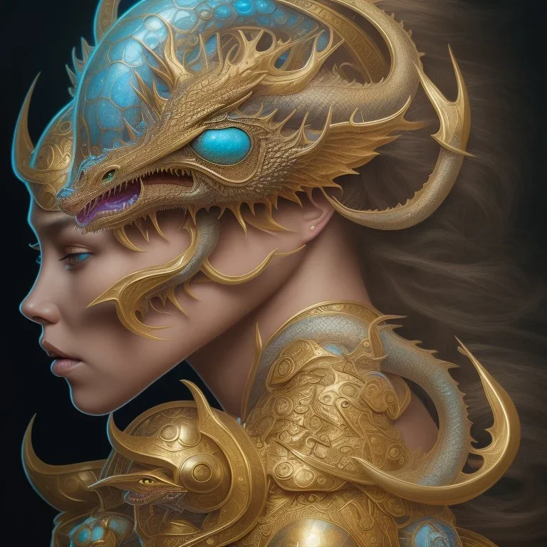 sango fantasy, fantasy magic, intricate, sharp focus, illustration, highly detailed, digital painting, concept art, matte, artgerm and paul lewin and kehinde wiley, masterpiece silver dragon head golden African nice breast Afo woman turquoise waves