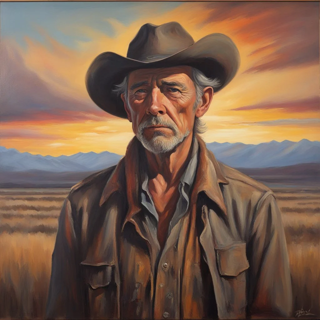 matte oil painting on canvas, 2/3 portrait of a weathered cowboy who looks like Forrie J. Smith at a dramatic sunset, long brush strokes, colorful Montana scenic prairie background, depiction of light in in its changing qualities, beautiful, nostalgic, smooth