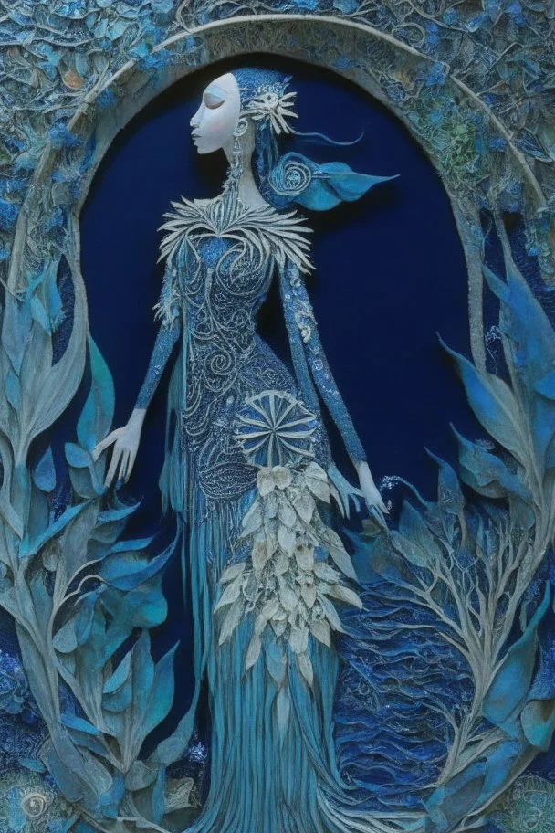 Artwork entitled "Two Moon Pond Goddess " depicts a partially skeletonized Pond Goddess wearing a gown made from detailed quilling consisting of feathers, foliage, fish scales, flowers, and gemstones appearing inside an archway of quilling growing around her and one of the moons; quilling