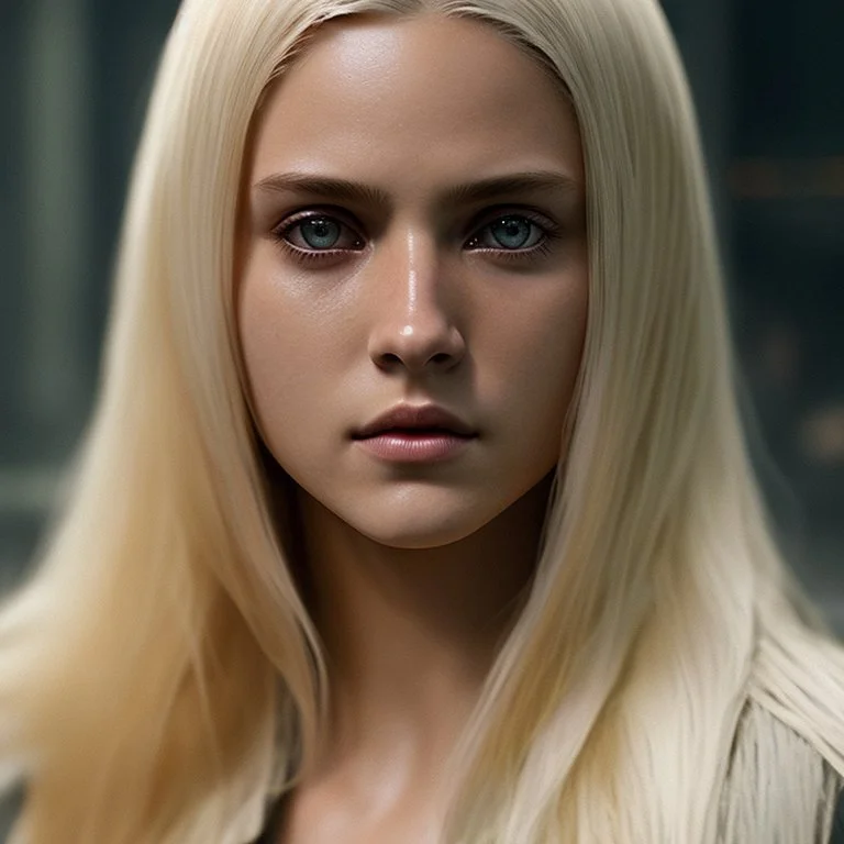 Photorealistic close-up of a beautiful blonde ninja with dystopian clothes and background