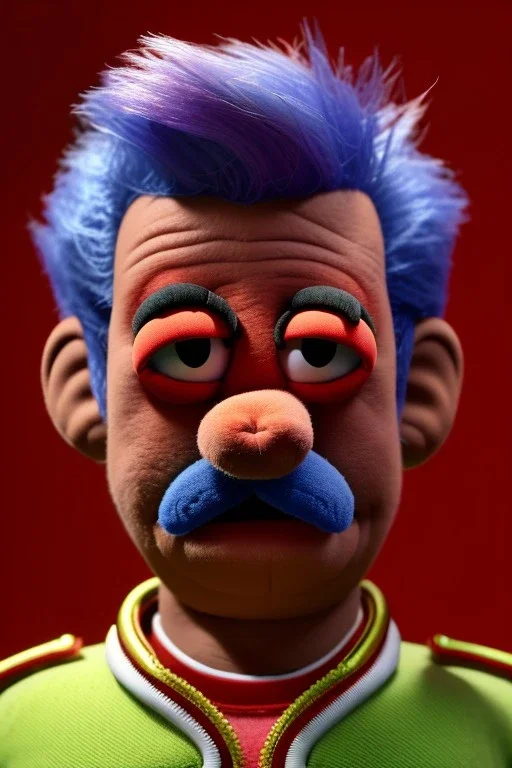 Waist up muppet Portrait, Nicolas maduro us muppet doll, Venezuelan president, tracksuit red blue and yellow, mustache, photo studio, red background, unreal engine 5, concept art, art station, ray tracing, lumen lighting, ultra detail, volumetric lighting, 3d.