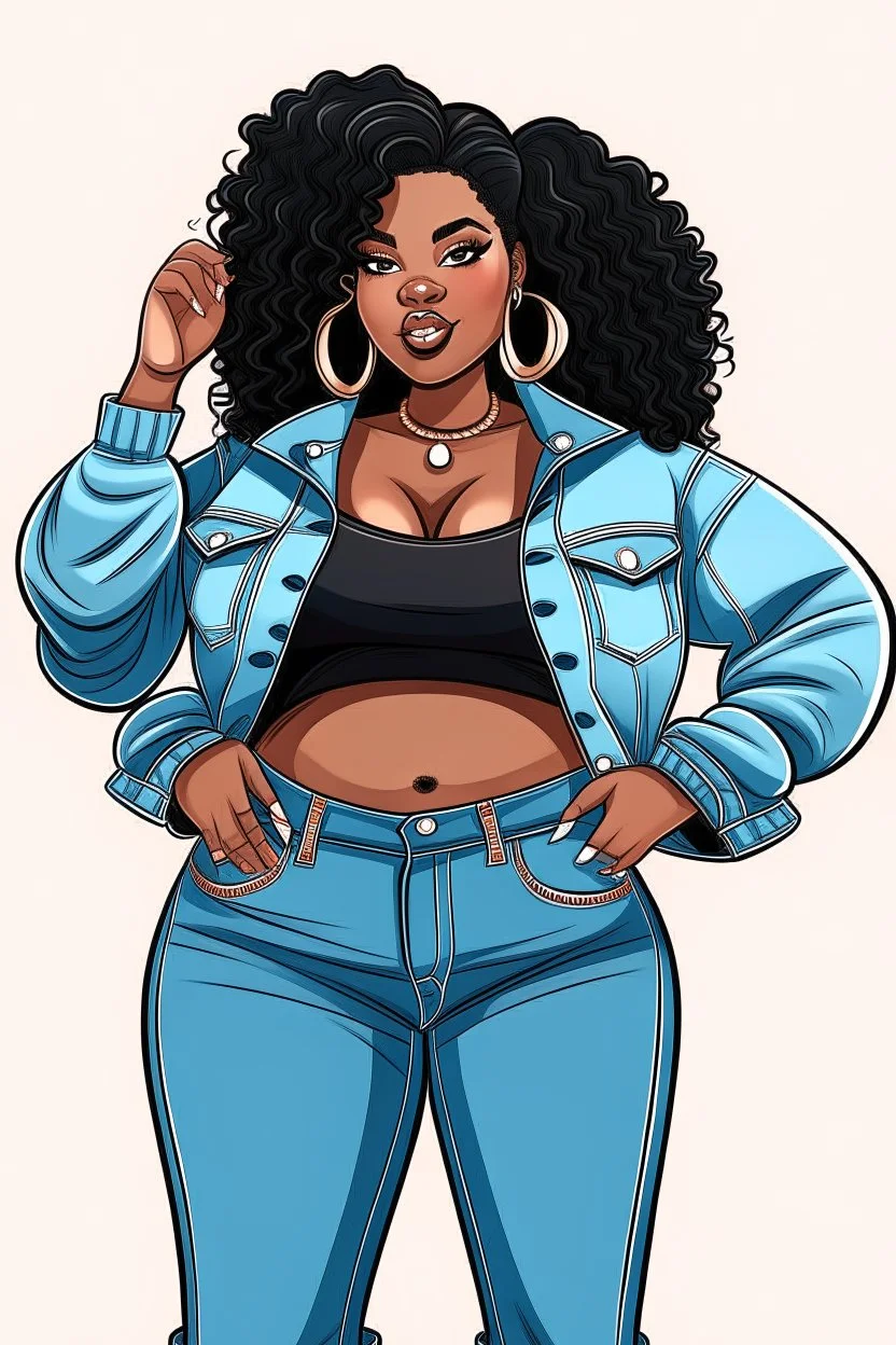 Create a stylish and empowering hand-drawn illustration of a black curvy woman showcasing confidence and beauty while wearing jeans.