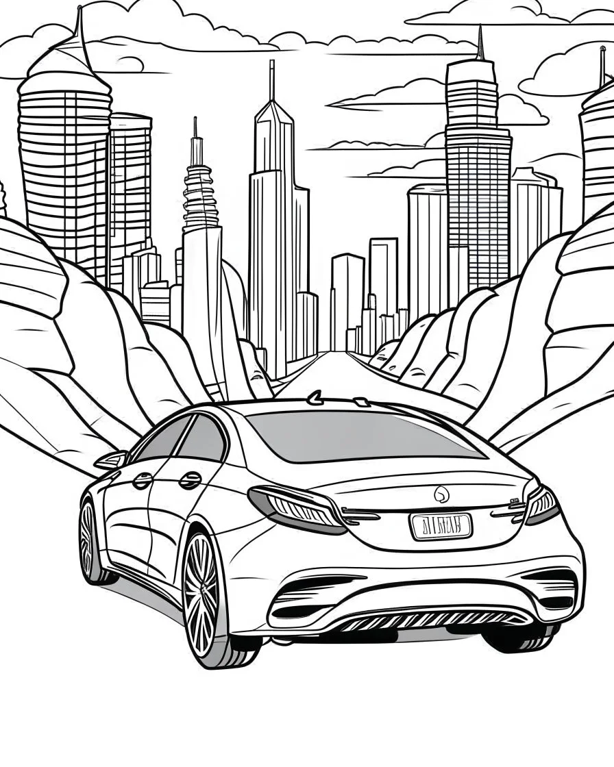 back Outline art, no shading, full Mercedes on the road, cartoon style, thick lines, low details, --ar 9:11