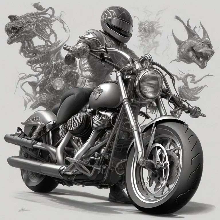 technical concept study, pencil sketch, harley davidson, A gill sitting on a motorcycle