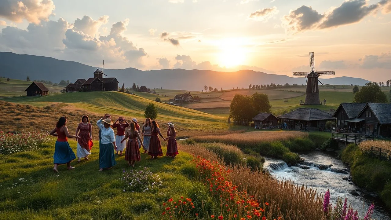 group of people are dancing in a national celebration in a village over high grassy hills,a small fall and river and wild flowers at river sides, trees houses ,next to Ripe wheat ready for harvest farm,windmill ,a few village local shops .people are dancing in a national celebration,cloudy sun set sky,a few village local shops