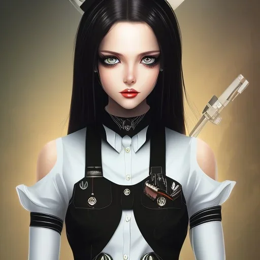 beautiful women wearing a maid dress, black hair, cursed eyes, holding a gun
