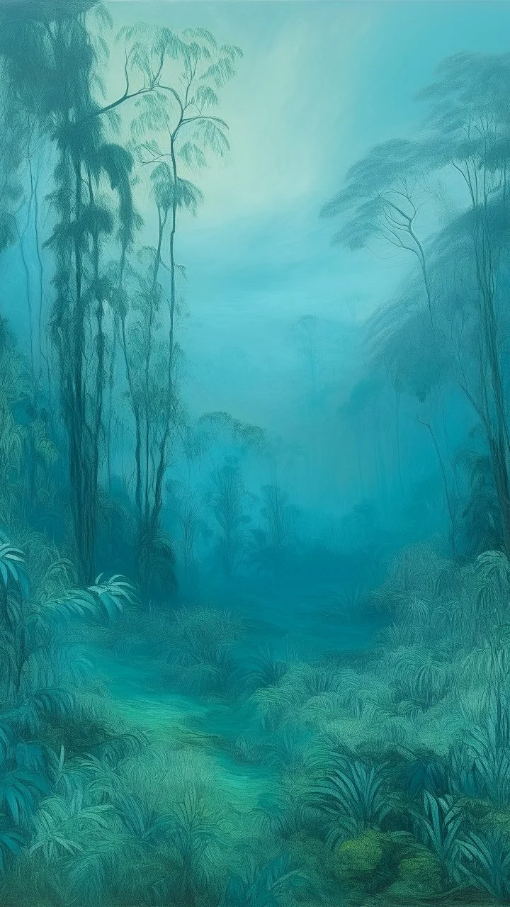 A cyan rainforest covered in thick fog painted by Vincent van Gogh