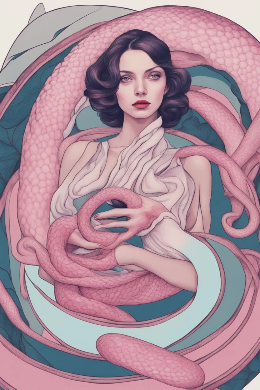 Abstrack surrealist styl a woman and and a super realistic pink snake surrounding it, art nouveau, style