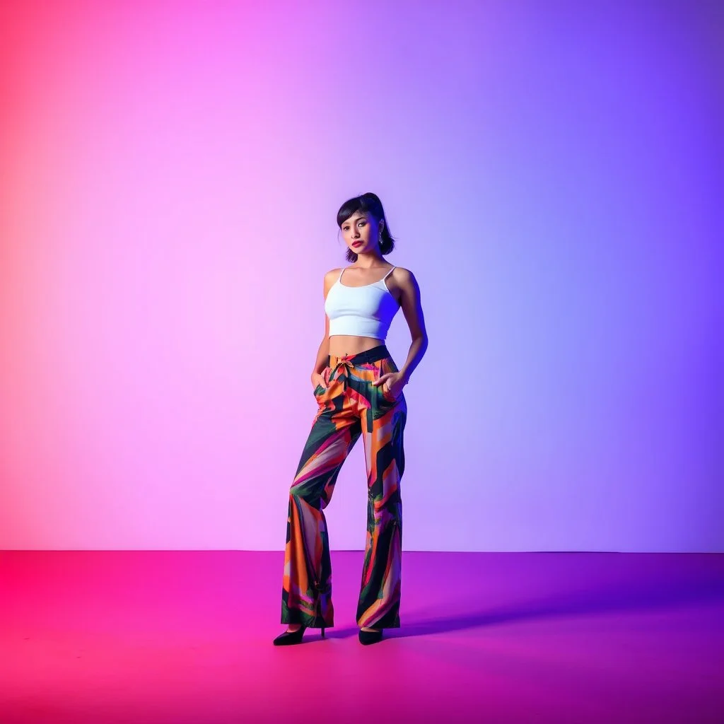 picture of lady with a top and cifi pants stye design posing in a modern art stage