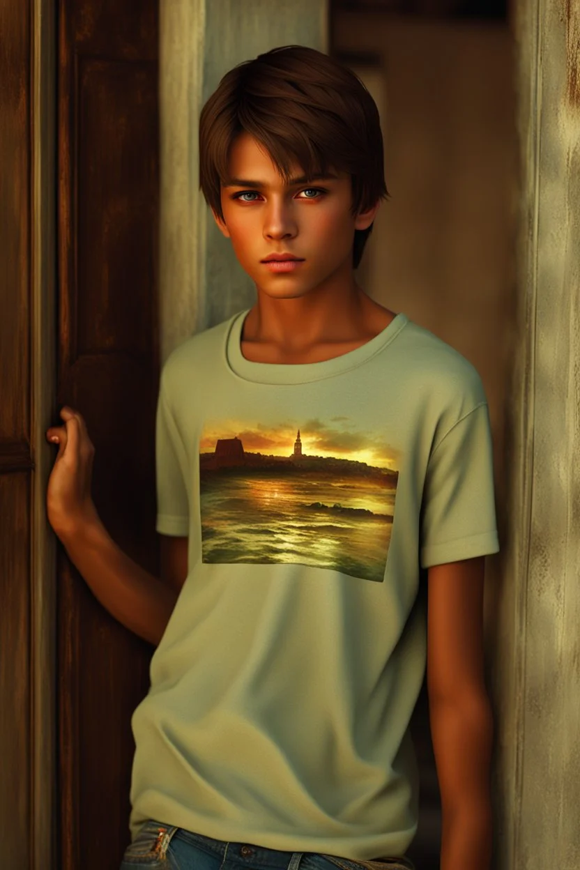 15 year old young boy with lightly tanned skin and brown hair wearing a teeshirt, photorealistic, standing by a door, fantasy