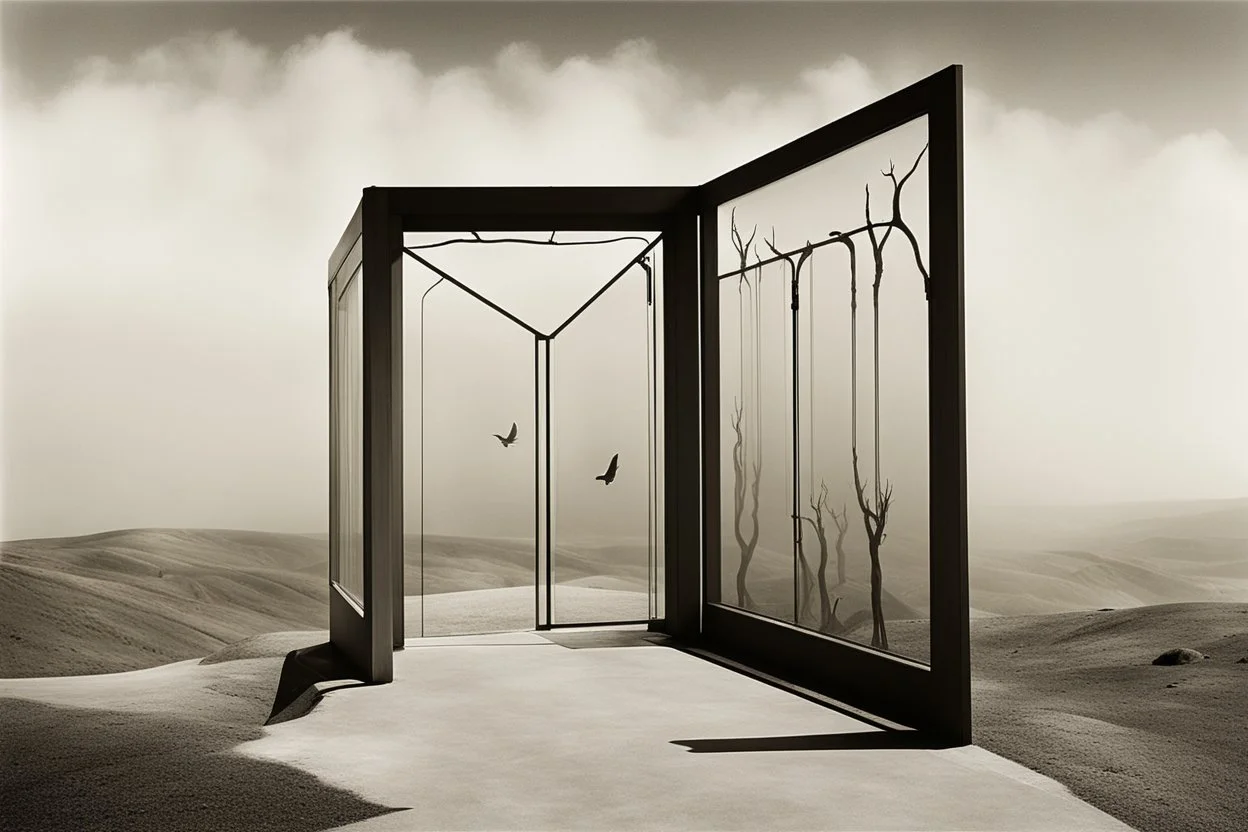 a surreal open glass gate in a glass wall with a view of a desolate landscape, fog, monochrome, strong contrasts, by artist "Leonora Carrington",by artist "Salvador Dali"