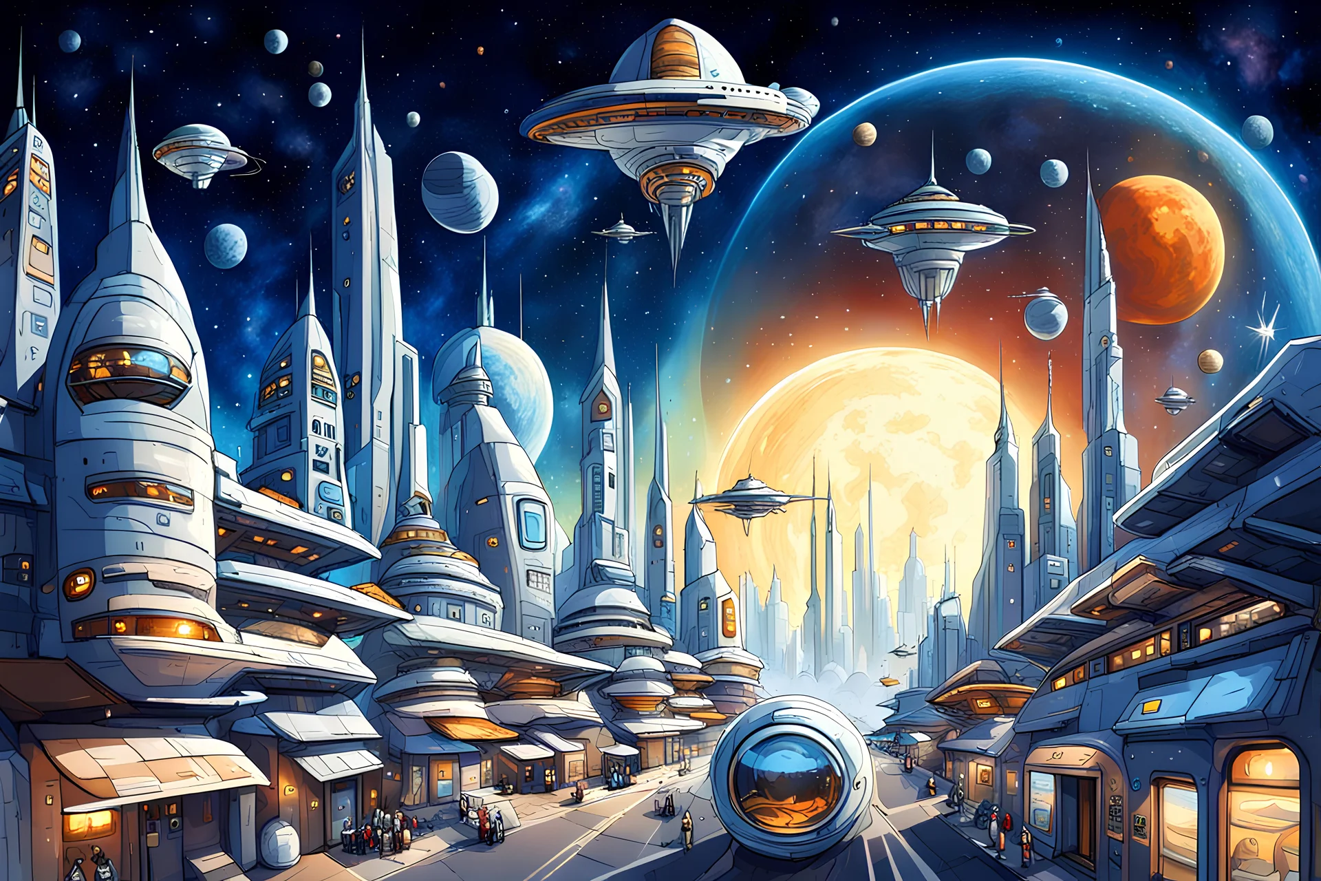 Space city on the streets of the city there is a holiday in the sky with shuttles flying