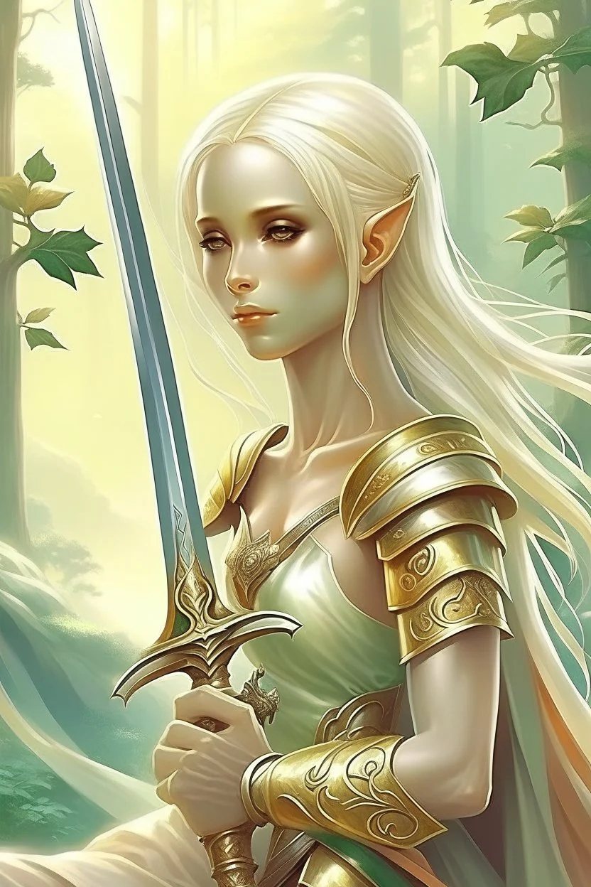 Pretty woman, elf, maternal, blonde, sword