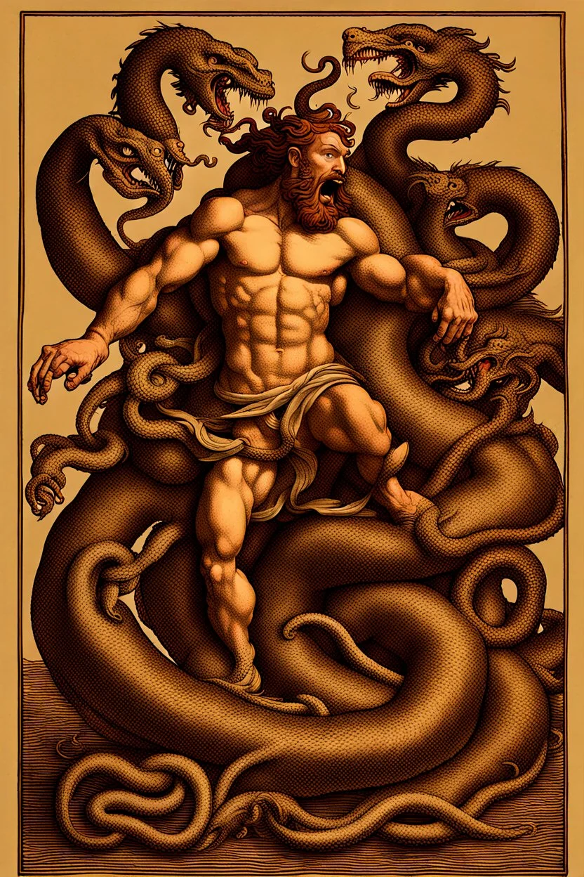 Hercules fighting the hydra in the style of alchemical art