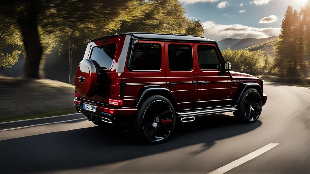 A sleek rear view of (((a cross of bentley and G-Wagon))), on street, with hill and trees around, a beautiful clouds and sunny weather, 4K, Superdetailed, No mistakes
