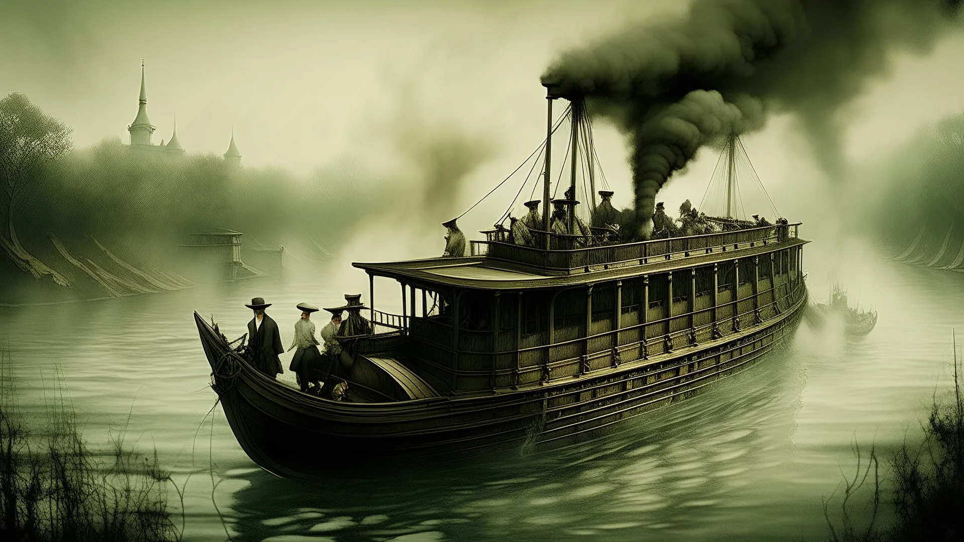 Illustration of a riverboat with people on board, with a cloudy, hazy sky as the background. The boat is painted in muted greens and browns, with a tall smokestack emitting dark smoke. It is equipped with a bow-mounted gun and a complex array of mechanical components. The water reflects the boat and the sky, creating a mirror image with distorted ripples. The overall style evokes conceptual art, with a focus on texture and detail. The color palette is dominated by grays, greens, and browns, crea