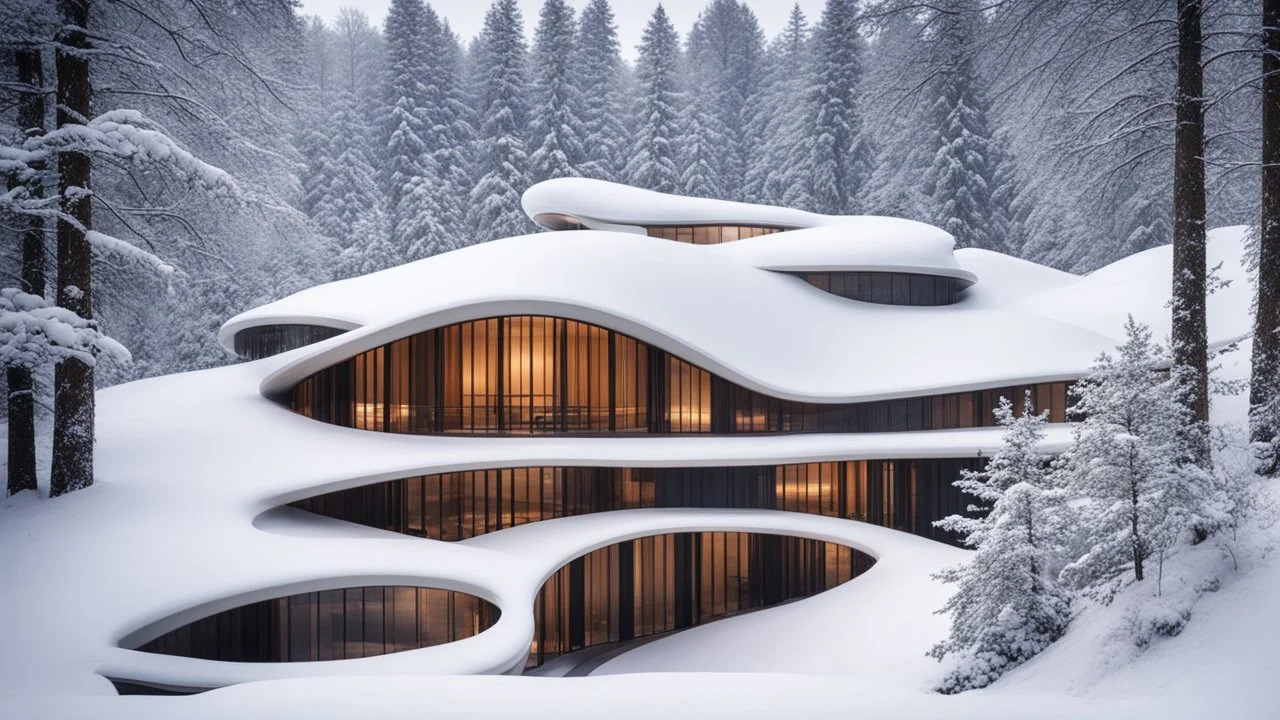 7195, rule of thirds, delightful, sensitive, confident, undulating sinusoidal theatre with pointed hyperbolic roofs, forest, delicate, thick snow, symmetrical, exquisite architecture, innovative design, perfect symmetry, award-winning photograph, beautiful composition, filled with beautiful detail, delicate colour, chiaroscuro