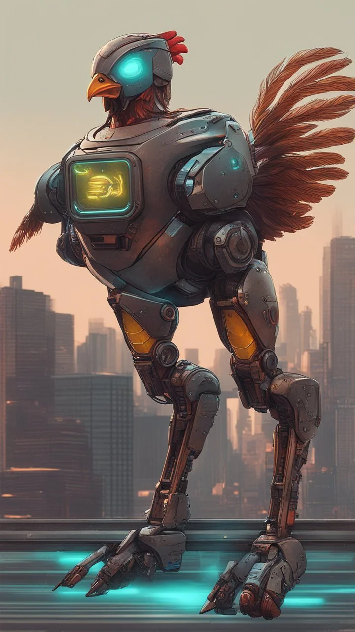 CHICKEN robot, sci-fi, cyberpunk, full body, ultra realistic, virtual reality, cyberpunk city and colors