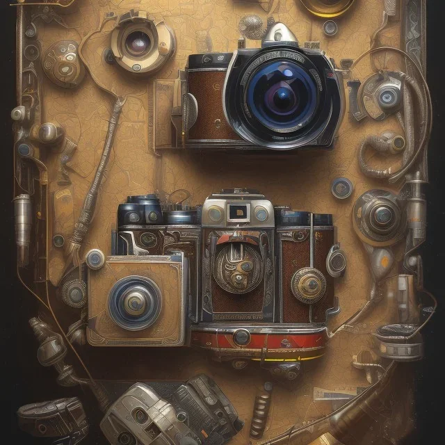 components of the camera laid out flat. poster design. high detailed. oil on canvas.