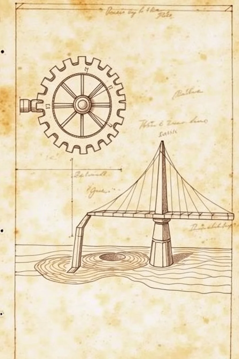 Leonardo Da Vinci's drawings of water screw and self supporting bridge