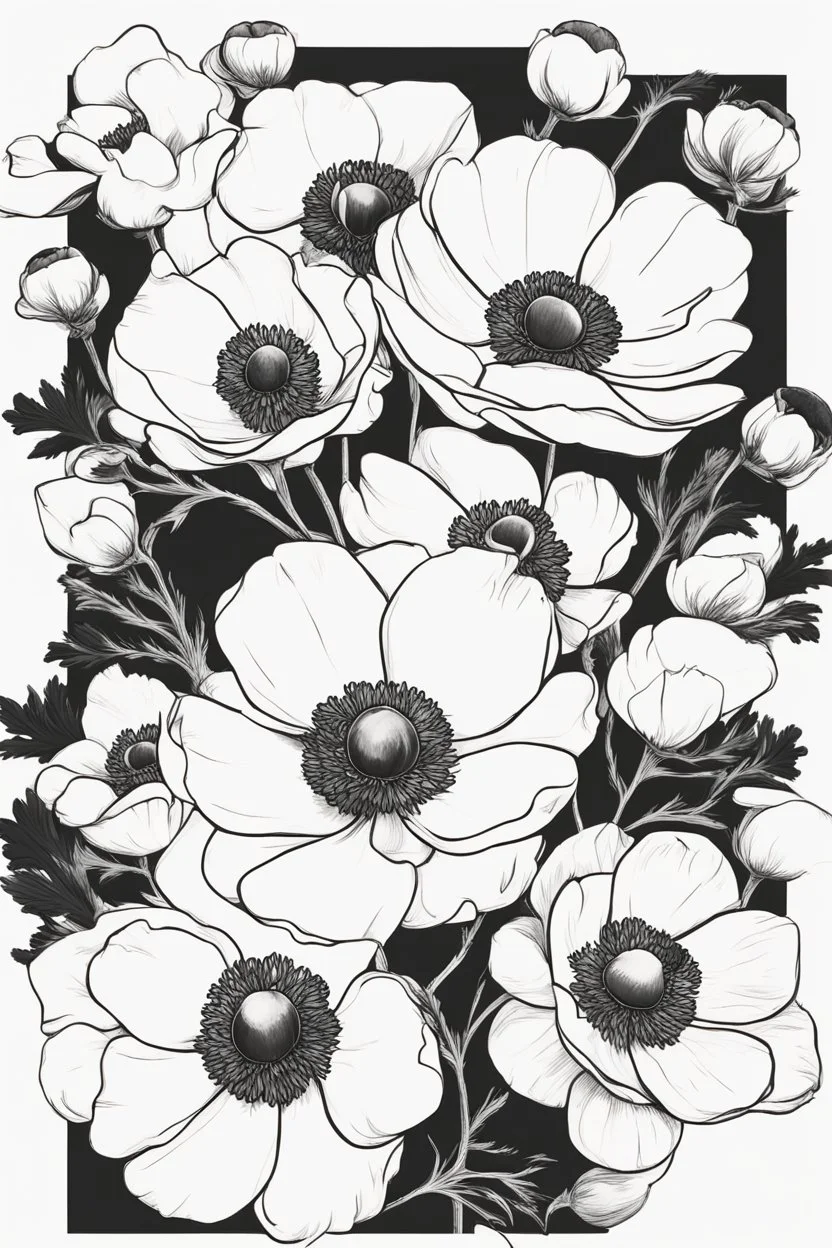 outline art ofJapanese anemones only black and white, no colour , White background. sketch style, clean line art, white background, no shadow and clear, no people, no colour, for book