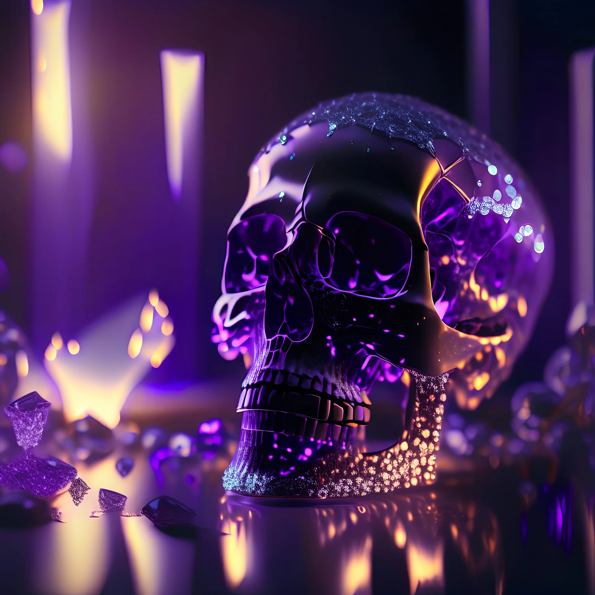 Highly detailed High resolution octane render of a Transparent skull made from 1000 tiny clear shiny glass diamonds, casting shiny reflections around the room, wide angle lens, purple flames lick the walls in the Bokeh background