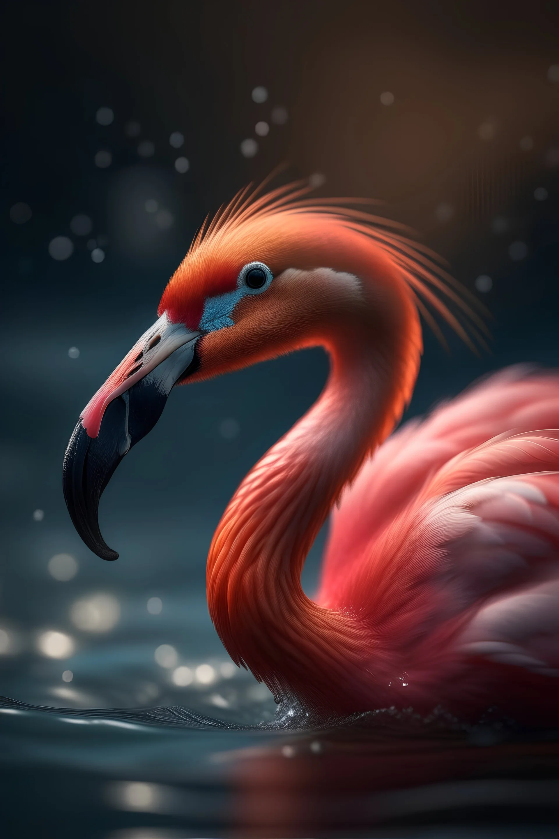 portrait of the flamingo in waves like birds,shot on Hasselblad h6d-400c, zeiss prime lens, bokeh like f/0.8, tilt-shift lens 8k, high detail, smooth render, down-light, unreal engine, prize winning