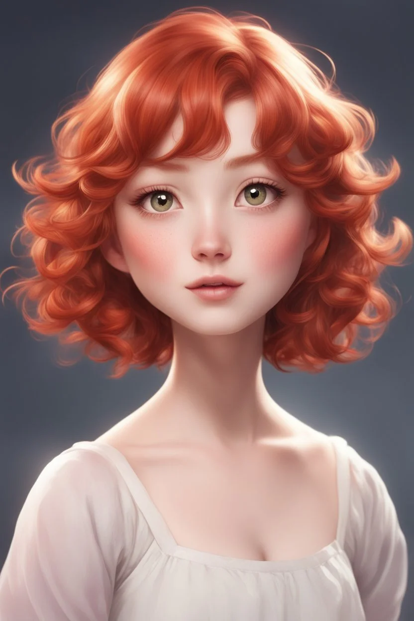 A short girl with thick short wavy red hair, narrow kind eyes with an enthusiastic look. A wide oval face is decorated with an upturned nose and small lips in the style of genshin impact, a full-length ballerina