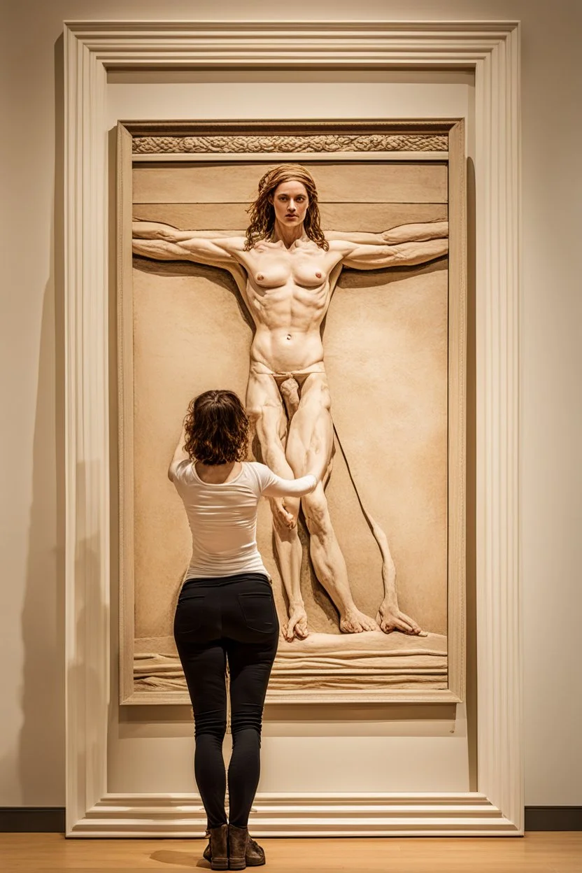 a tall slender woman is standing in front of a large white picture frame displayed on the wall of an art gallery. The frame is traditional in style but looks like and has the texture of white clay. Her arms are outstretched like da vinci’s vetruvian man, and the length of her arms and body corresponds to the width of the picture frame. Her feet are perched on a surreal small shadow rock and it looks like she is floating above calm water. The picture is without canvas but an abstract landscape em