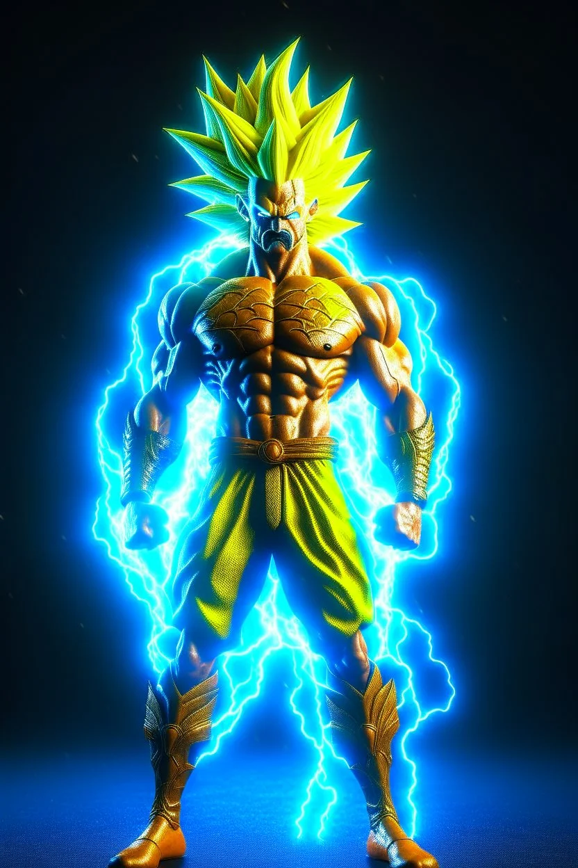 realistic 3d rendering of goku super saiyan fused aquaman, surrounded by lightning, big muscular, full body photography, hyperrealistic