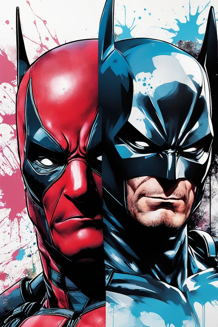 Poster in two gradations, split in half, one side "deadpool", other side "batman", midline of the face, painting by Yoji Shinkawa, solid, pastel and splash colours, detailed iridescent, metallic, translucent, dramatic lighting, hyper futuristic, digital art,