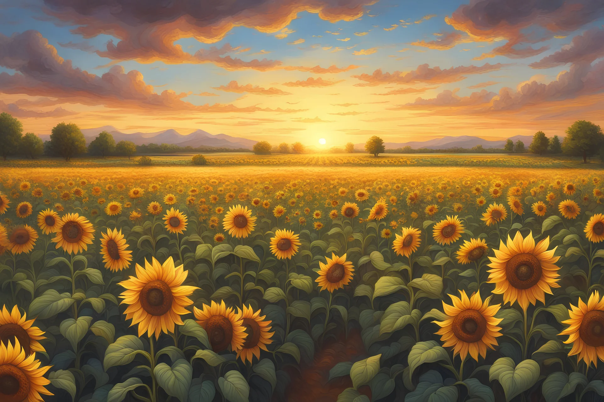 a field of sunflowers , there is a sunset, bees, butterflies and flowering trees in the distance. Good definitions, lots of delicate details