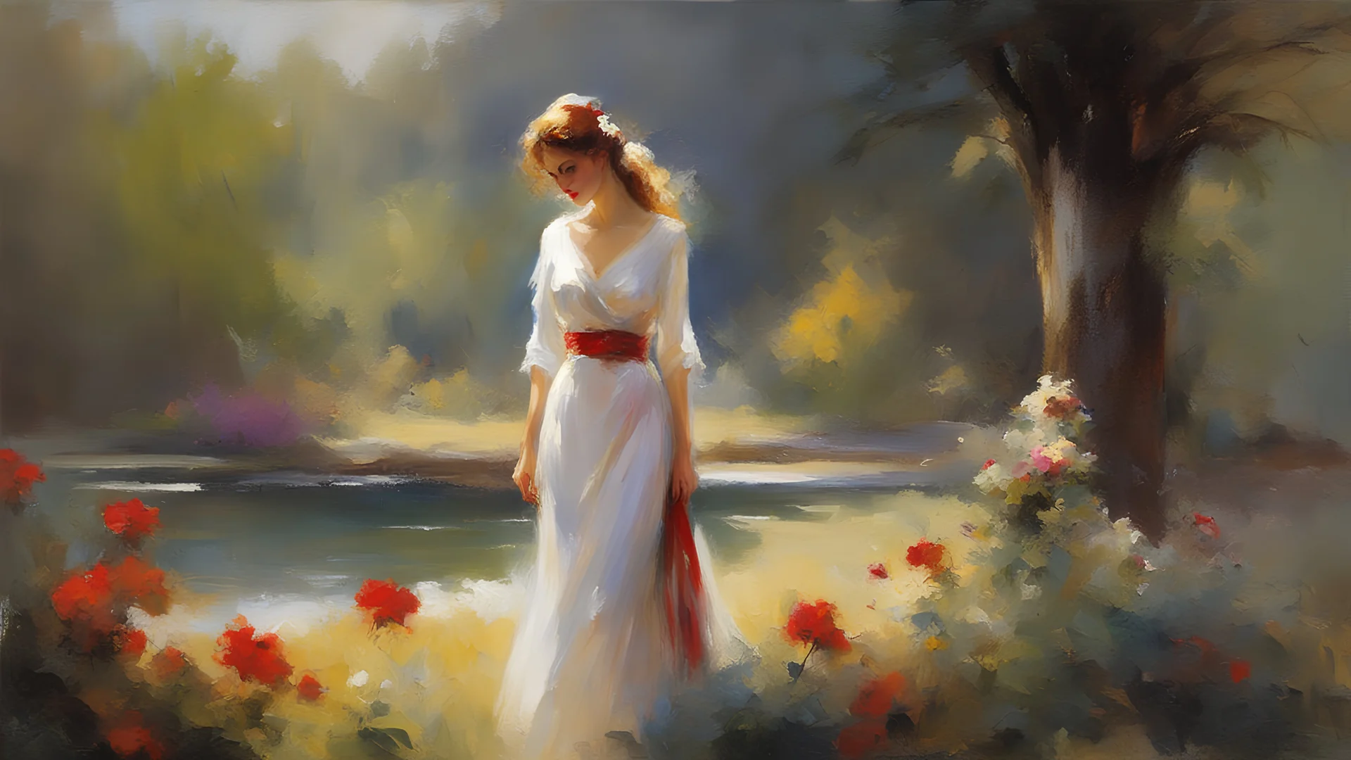 Beautiful Woman in a Park, Pino Daeni Style