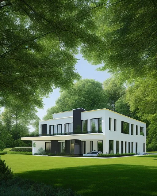 Architectural drawing of a luxurious modern country house, trees, people and cars, complementary colors