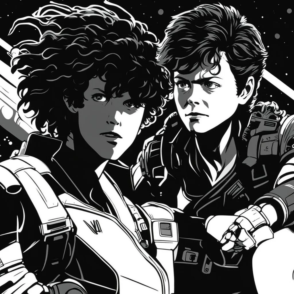 [wii No More Heroes style with thick lines] the iconic Alien scene with youthful Sigourney Weaver as Ellen Ripley in sloggy