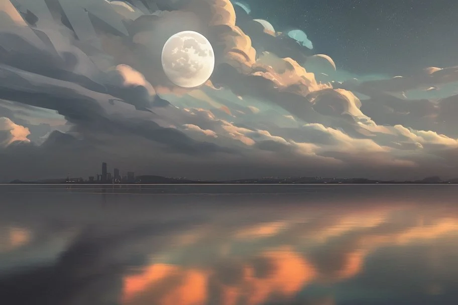 moon, night, clouds, distant modern contemporary city, lake, sci-fi, boat, epic