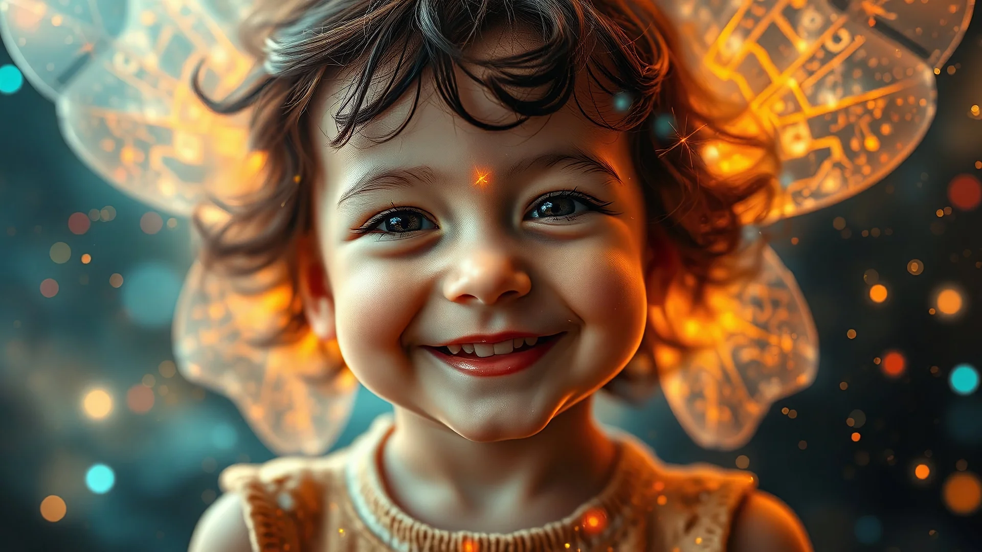 Abstract fantasy: telepathy, one young child, chrysalids, Wyndham, delight, empathy, smiling, harmony, ecstasy, award-winning photograph, abstract image, beautiful composition, science-fiction, beautiful, wonder, joy, happiness, richness, the power of thought, love, joy, personal faith in God