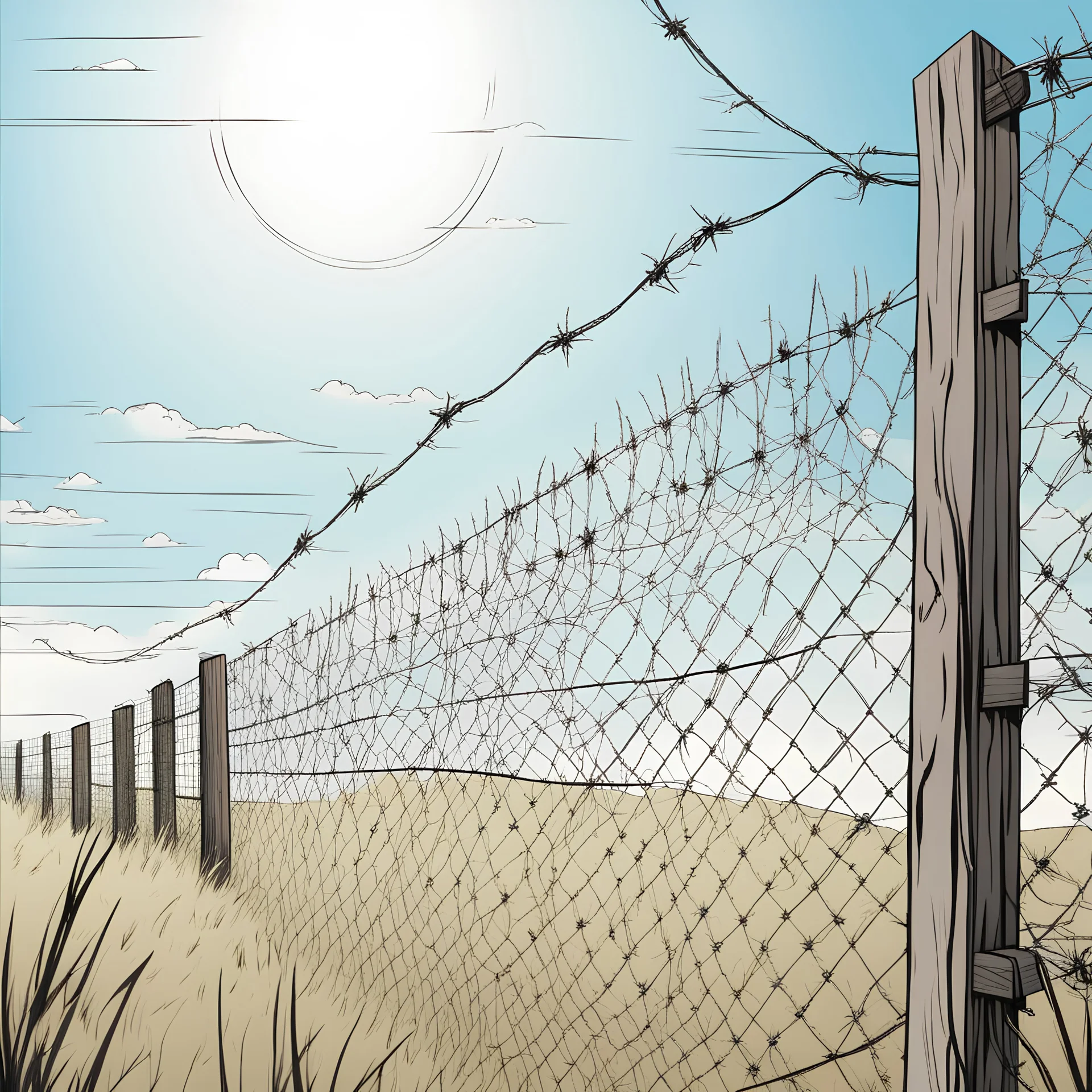 Barbwire fence, comic book, white background