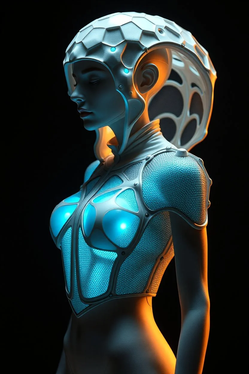 Struttura scultorea semi-rigida, tipo esoscheletro che si apre e si chiude Materiali: stampa 3D bio-based, tessuti fotocromatici, rete metallica ultra sottile Dettagli: Reazioni ottiche alla luce, conchiglia futuristica che pulsa col corpo