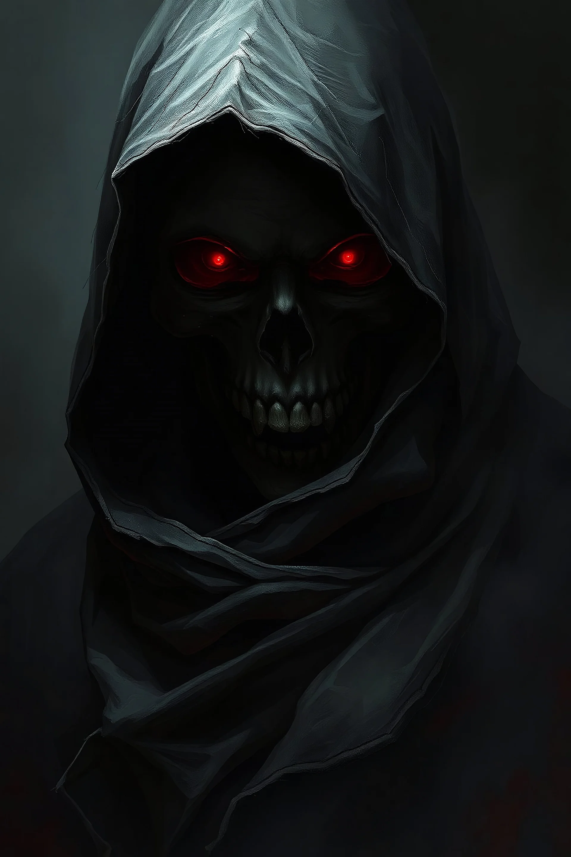 A grim fantasy character, a necromancer or a rogue, skeleton face completely hidden in the deep shadows of a tattered hood and wrapped in a thick, worn scarf. Only a faint, ominous red or gold glow of eyes is barely visible from the darkness. The character's silhouette is sleek and menacing. The style is dark fantasy concept art, digital painting, highly detailed, sharp focus, dramatic lighting, volumetric fog, gritty textures, inspired by Darkest Dungeon and Dark Sould. --ar 2:3 --style raw