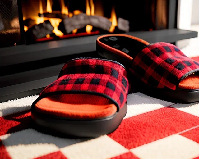 Red plaid slippers, laying on a fur black rug,log cabin fireplace