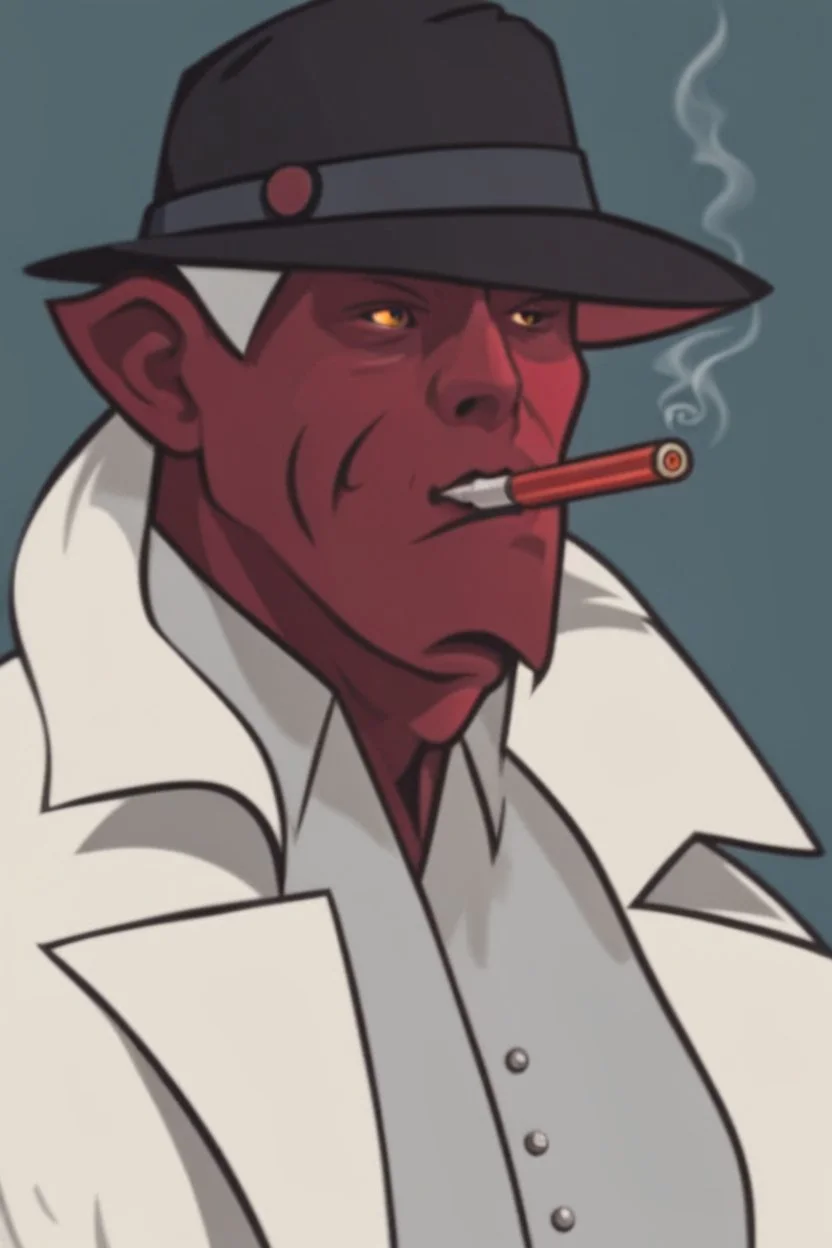 A red demon wearing a police outfit smoking a cigerate.