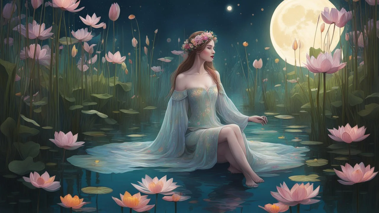 A digital illustration blending realism and fantasy, depicting Ophelia in a modern interpretation of a tunic, her thighs bathed in the soft glow of the moon, surrounded by vibrant lotus flowers and swaying reeds. The scene is infused with a sense of enchantment and surrealism, with a hint of whimsy and magic in the air. This version explores a more contemporary and imaginative approach to the traditional imagery.