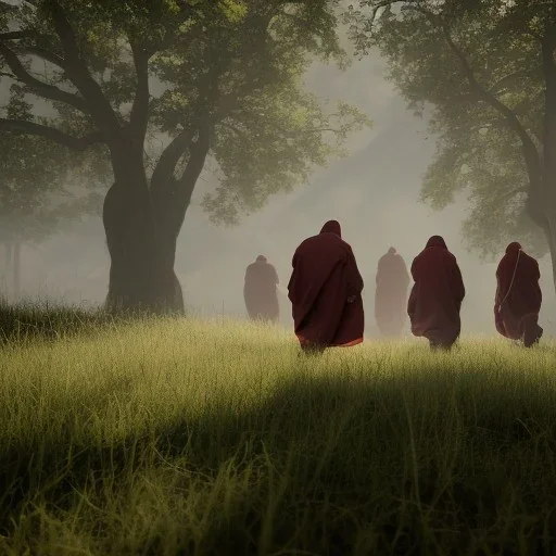 Three men in long hooded robes striding towards a tent in the shade of oak trees at afternoon