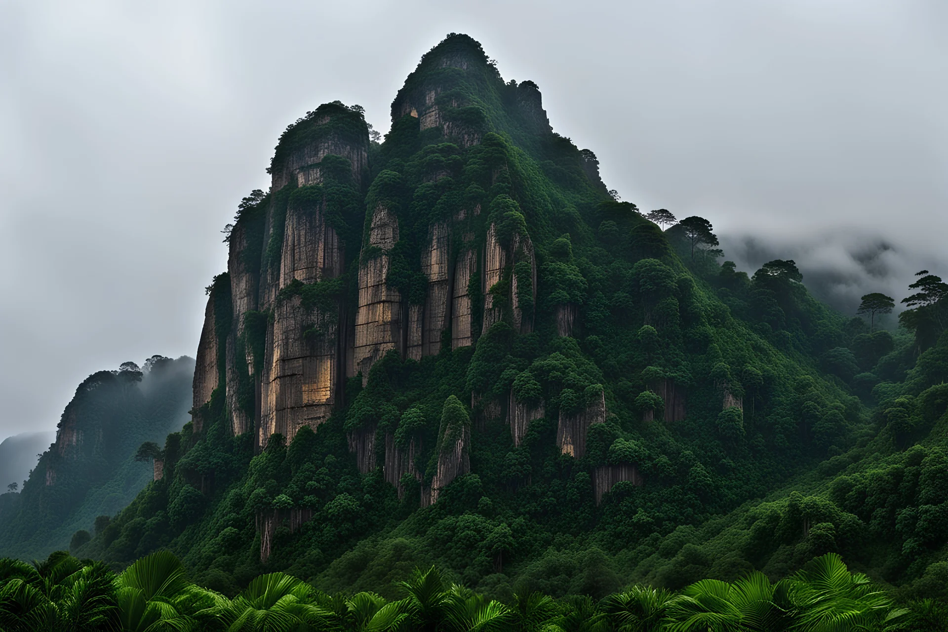 edge of a rocky mountain plateau ahead cliff it's raining dark below jungle