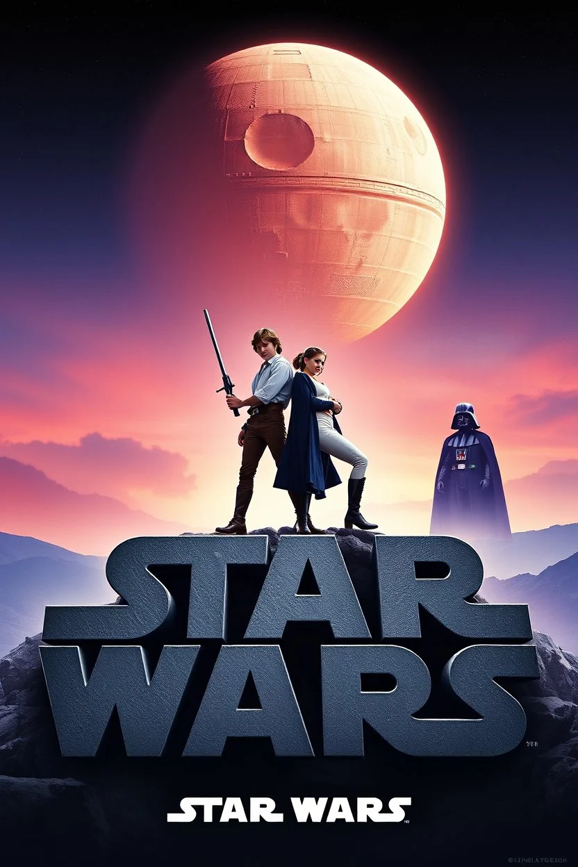 movie poster for Star Wars featuring luke and leia in iconic charlie's angels poses atop of a giant stone shaped as the words "STAR WARS", the death star in background in the sky, silhouette of darth vader in greater background