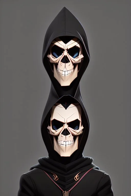 1950s goofy vinyl toy of a skull face character wearing a black hooded cloak, drawn in a early animation rubber hose animation style, inside a lighter diamond shape on a black background, monochromatic