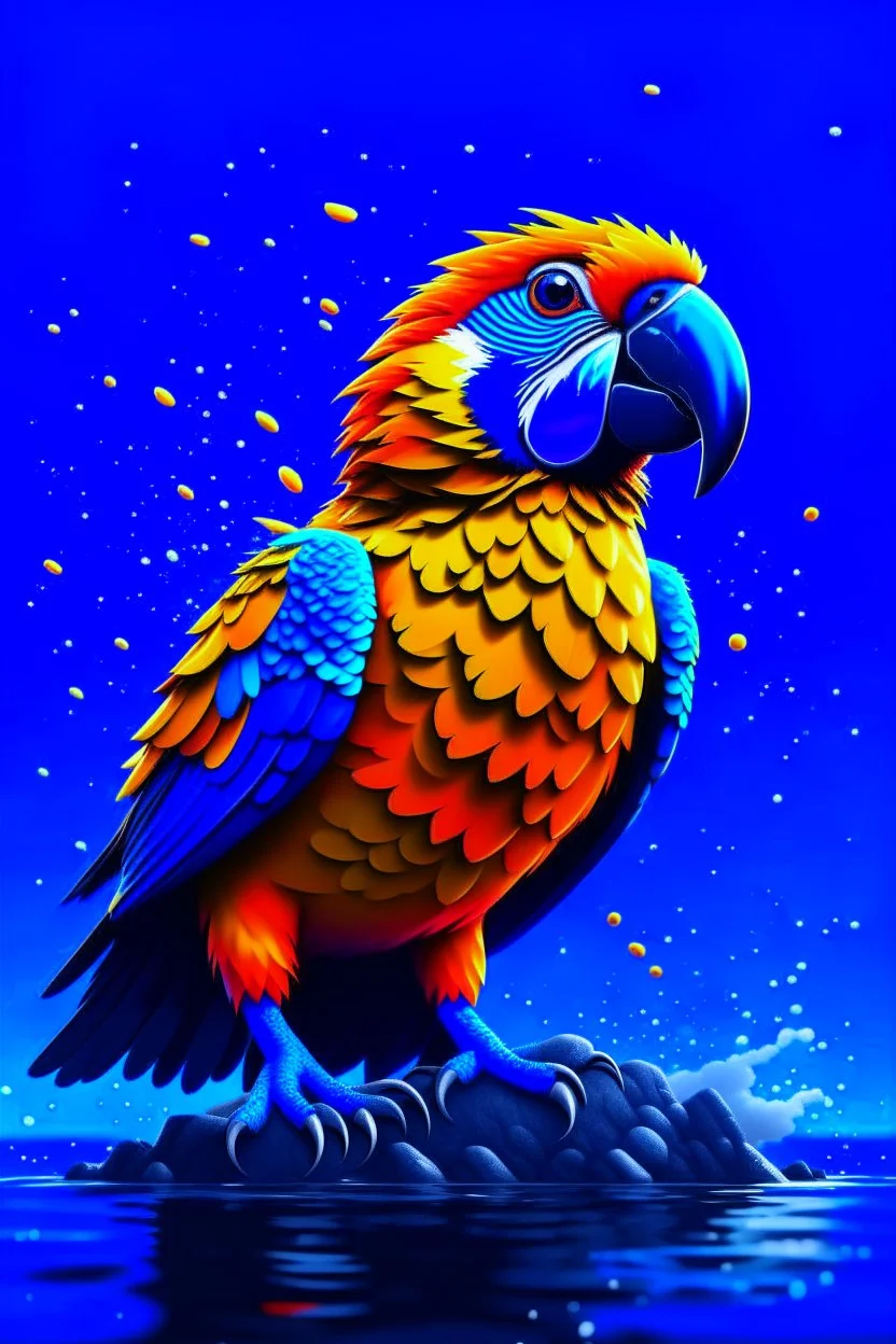 Generate an full body image of a parrot has a magma objects in the background and ocean objects in the background objects with an anime animal style.On Canvas, Brush Strokes, Smooth, Ultra High Definition, 8k, Unreal Engine 5, Ultra Sharp Focus, Intricate Artwork Masterpiece, Ominous, Golden Ratio, Highly Detailed, photo, poster, fashion, illustration