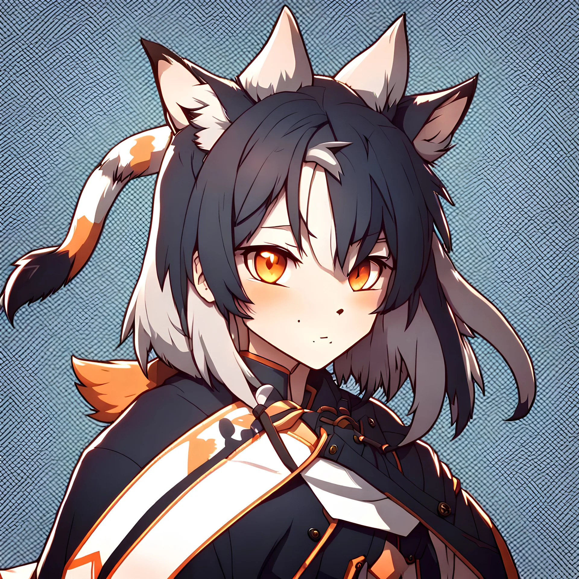 Anime portrait, anthropomorphic wolf character with fox ears and a tiger's tail, 8K resolution, ultra graphics, high quality, and detailed with lines.